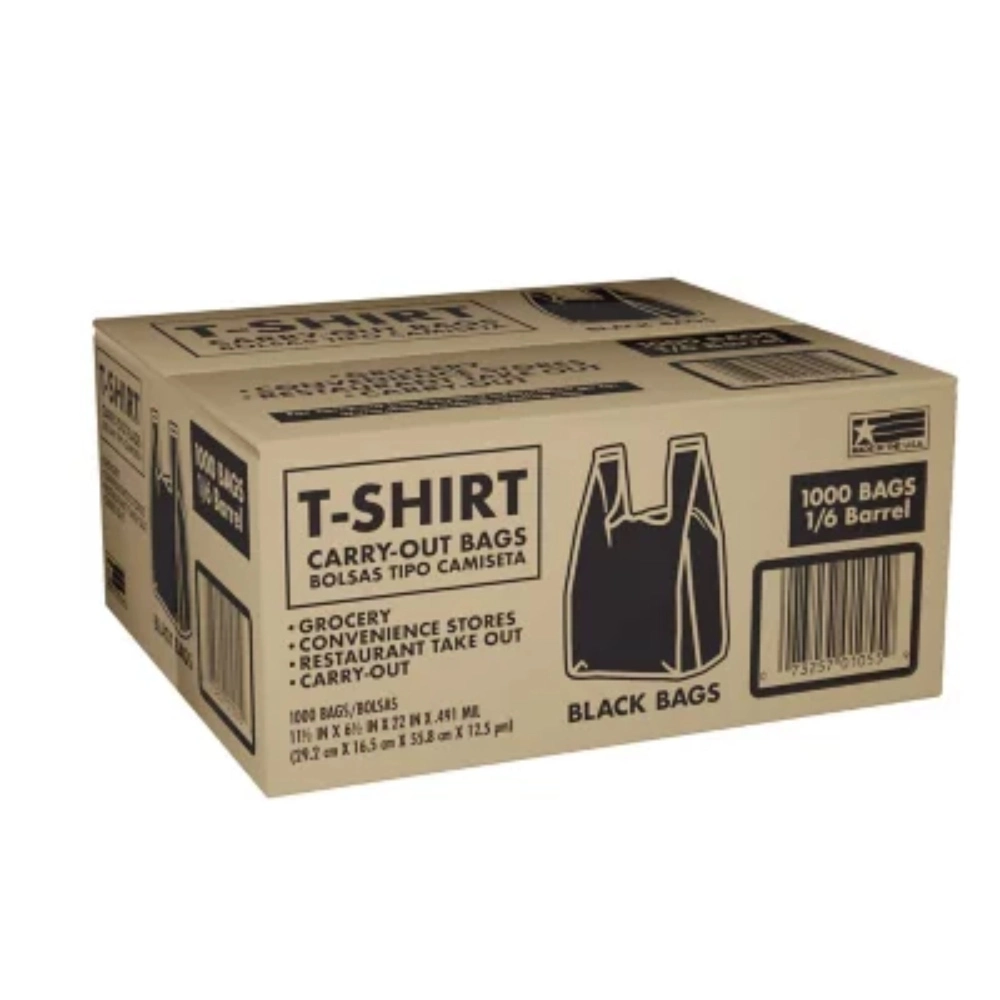 BLACK T-SHIRT CARRYOUT BAGS, 11.5" X 6.5" X 22" (1,000 CT.)