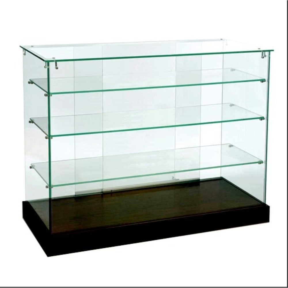 DISPLAY CASE FULL GLASS 4FEET MIDDLE 3 SHELVES WOOD BASE