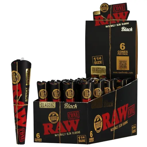 [Q-3190-03] RAW CONE PRE-ROLLES 32CT  (BLACK 1 1/4 SIZE 6PK)