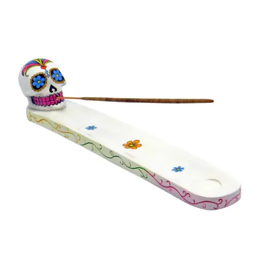 [Q-1939-24] FANTASY GIFT INCENSE BURNER  (DAY OF THE DEAD/SUGAR SKULL WHITE)