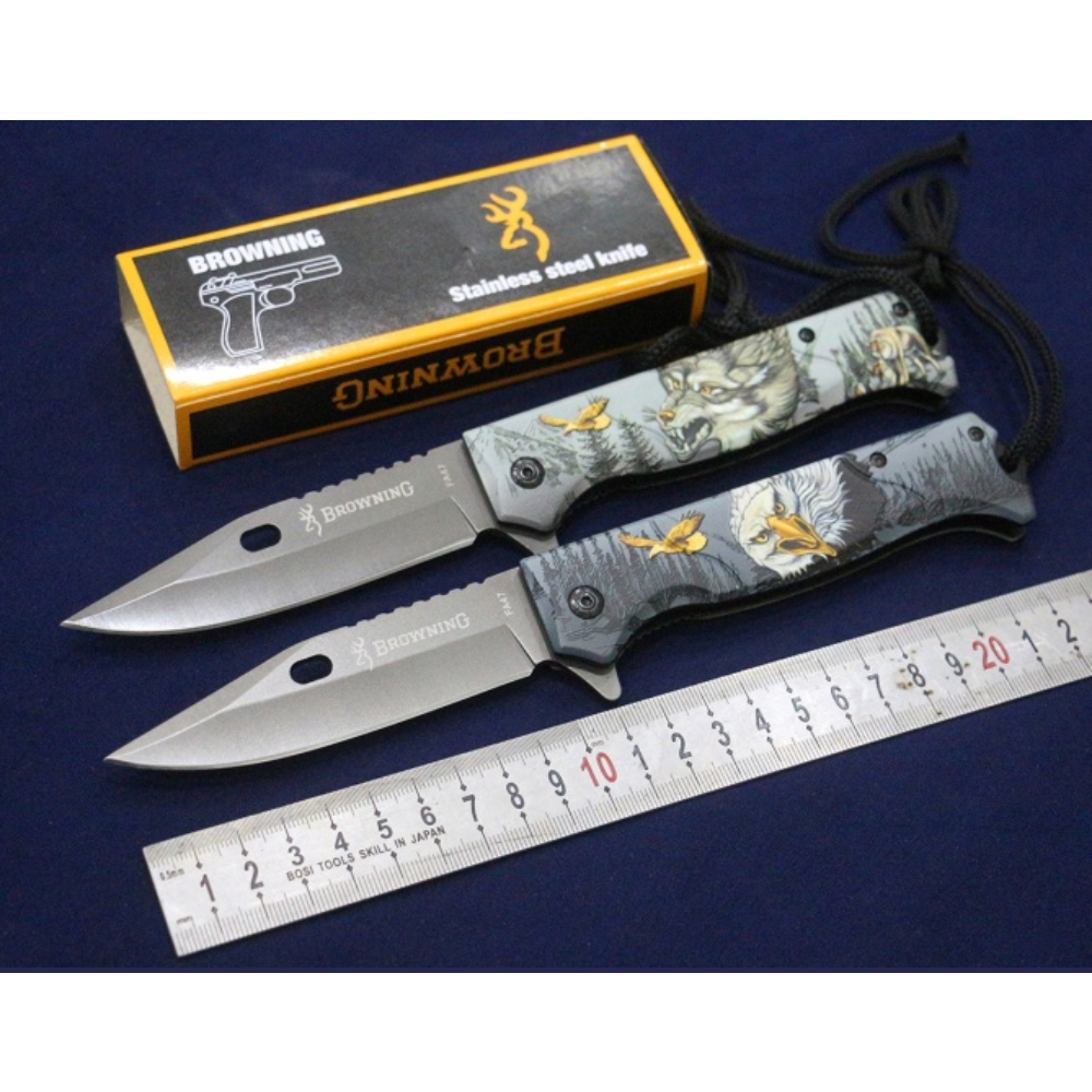 [Q-1698-02] DEFENSE KNIFE BROWNING BRAND WOOD BASE WITH ROPE CUTTER (Wolf)