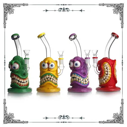 [Q-2243] GLASS WATERPIPE 12.5" 3-D MONSTER PIPE WITH BOWL  (MIXED DESIGNS MONSTER)