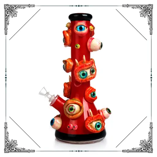 [Q-2250] GLASS WATERPIPE 12.5" 3-D MONSTER PIPE WITH BOWL  (RED MULTI EYE MONSTER)