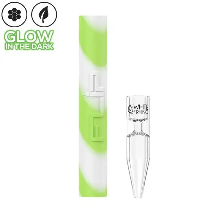 [Q-4015-04] WHITE RHINO FLIP HANDPIPE TO STRAW GLOW IN THE DARK  (GREEN WHITE)