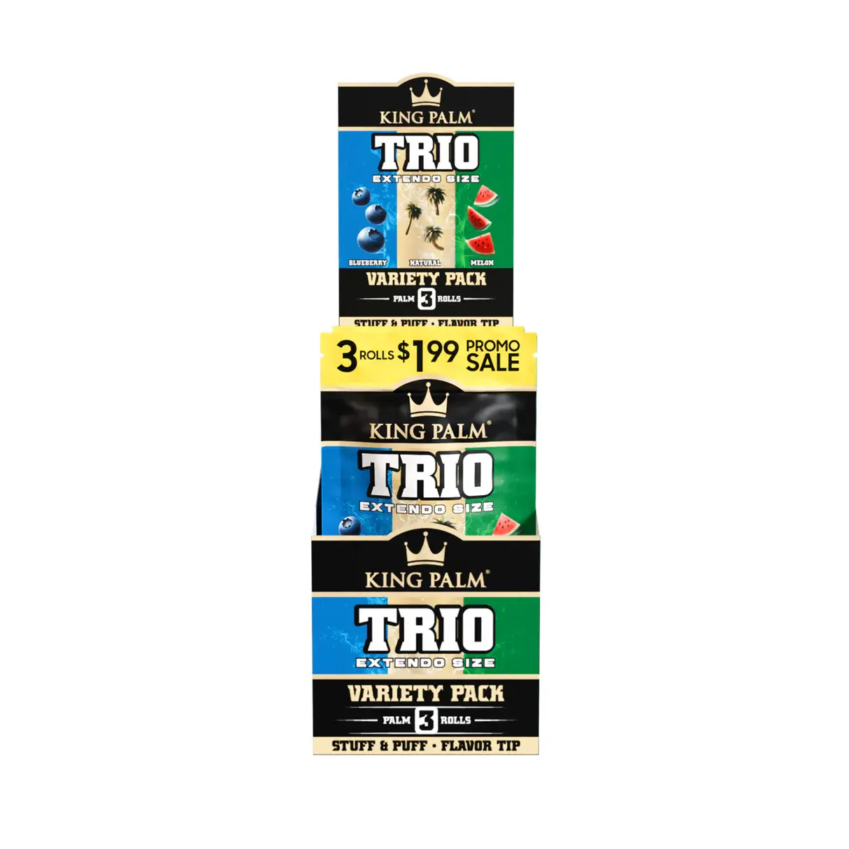 [Q-4839-02] King Palm Extendo Size Trio Leaf Tubes 3 for $1.99 - 15ct  (Natural / Blueberry / Melon)