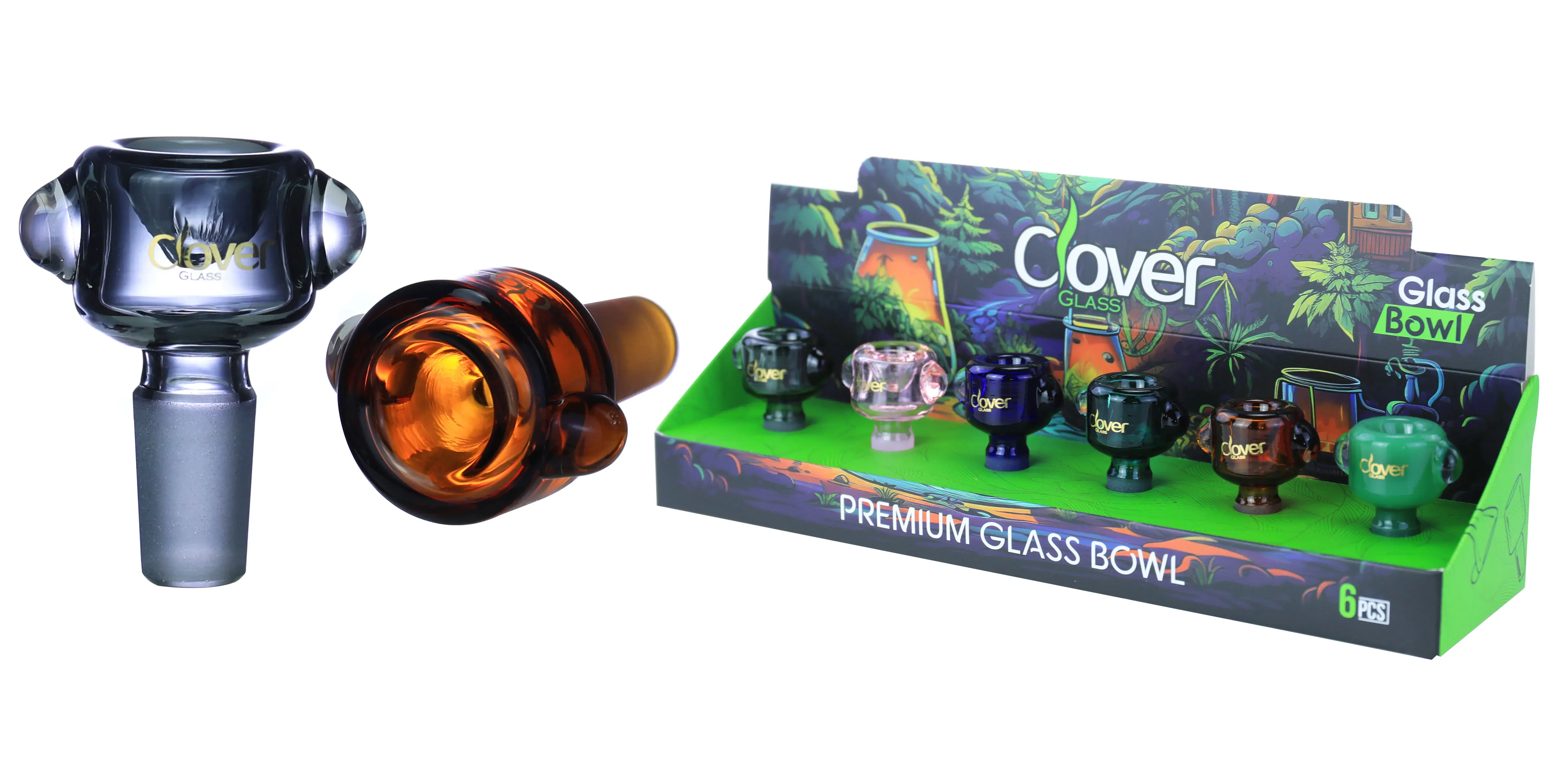 [10102-05] Clover Glass Blow Head 14MM 6Pc a Display Mix Color  (Triple Bubbles)