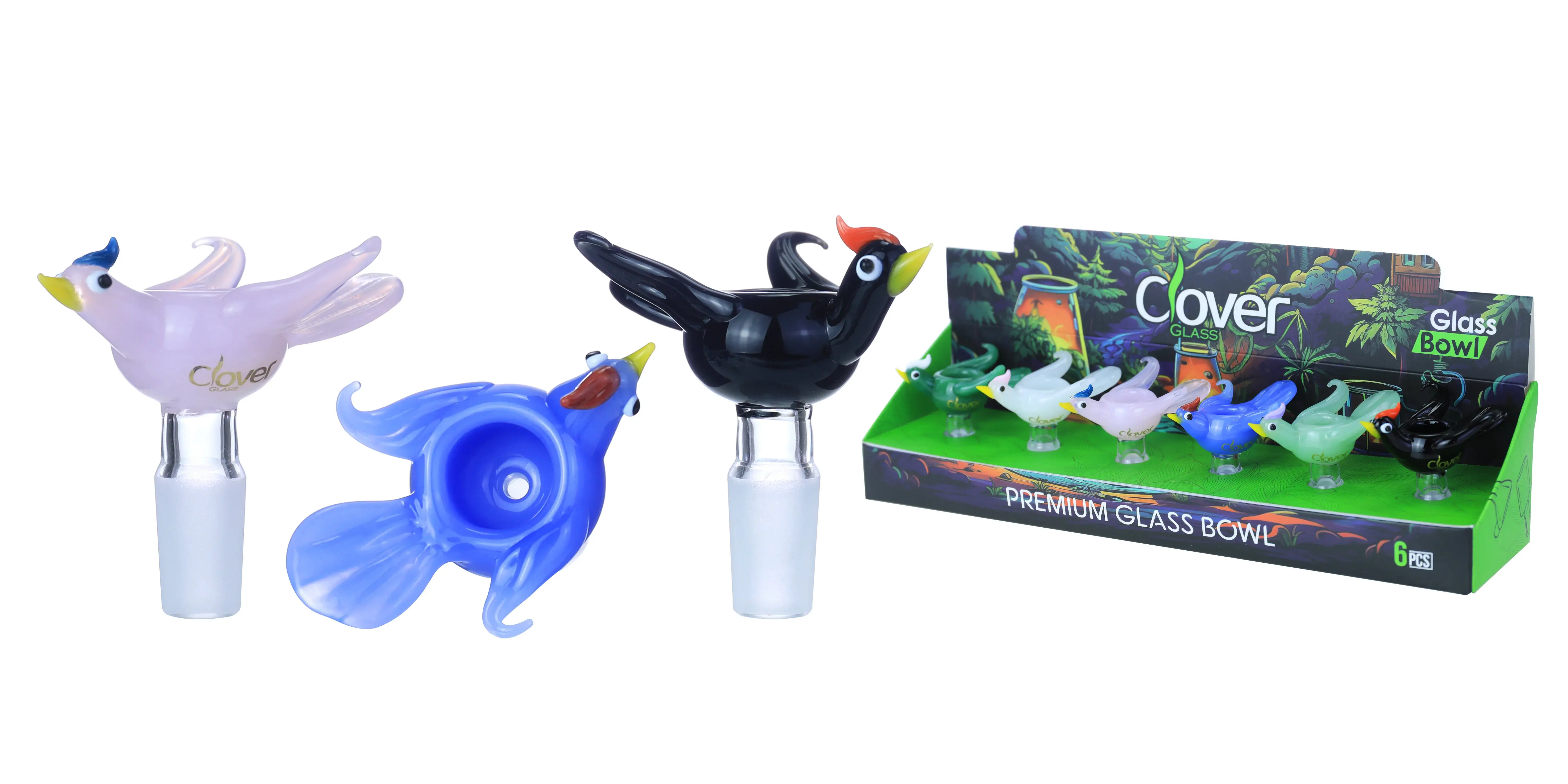 [10102-13] Clover Glass Blow Head 14MM 6Pc a Display Mix Color  (Flying Bird)