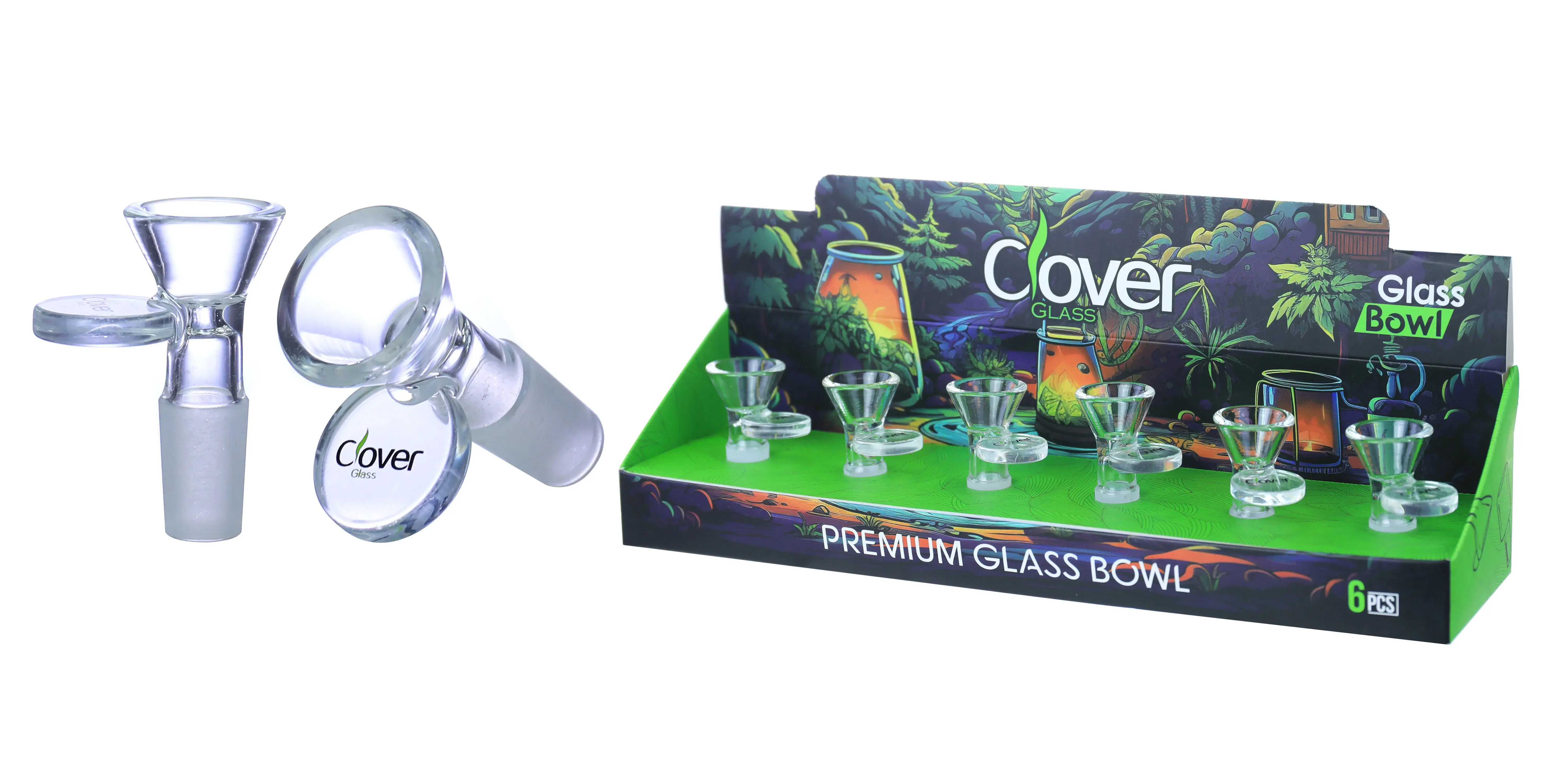 [10102-15] Clover Glass Blow Head 14MM 6Pc a Display Mix Color  (Clear With Pull out Tab)