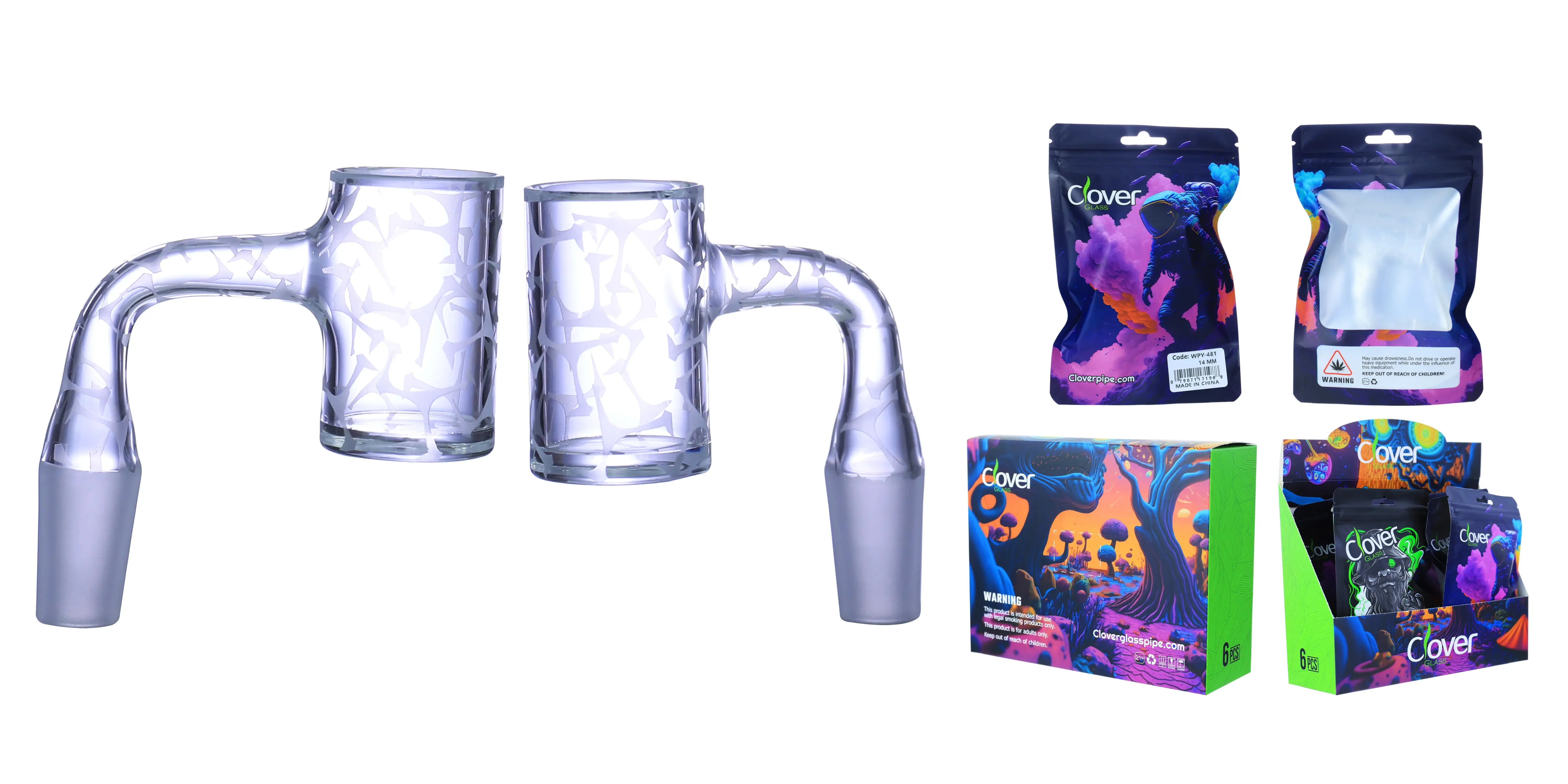 [Q-4842-02] Clover Glass Banger 14MM 6PC a Display (Sandblasted Seamless 90 Degree)