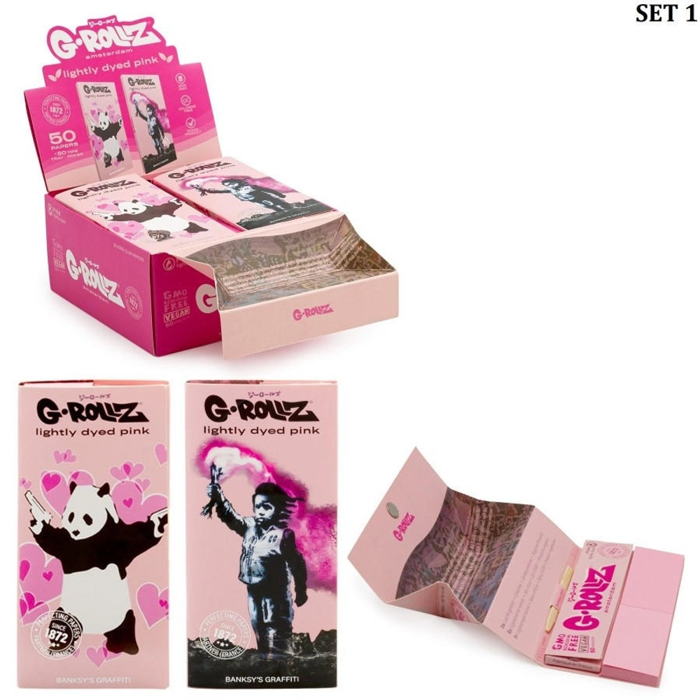 [Q-2043] G-ROLLZ | BANKSY'S GRAFFITI KS SET 10 - LIGHTLY DYED PINK - 50 KS PAPERS + TIPS & TRAY