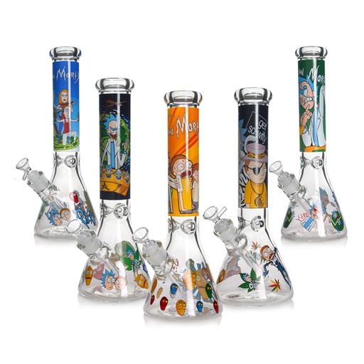 [Q-4491] WATER PIPE 14" 50*7MM THICK GLASS BEAKER BASE MIXED RICK & MORTY DECALS 2